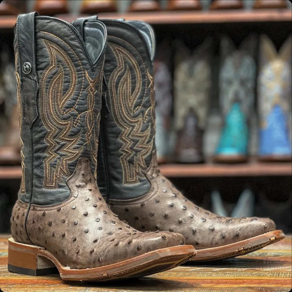 Tanner Mark Men's Print Ostrich Square Toe Boots Brown