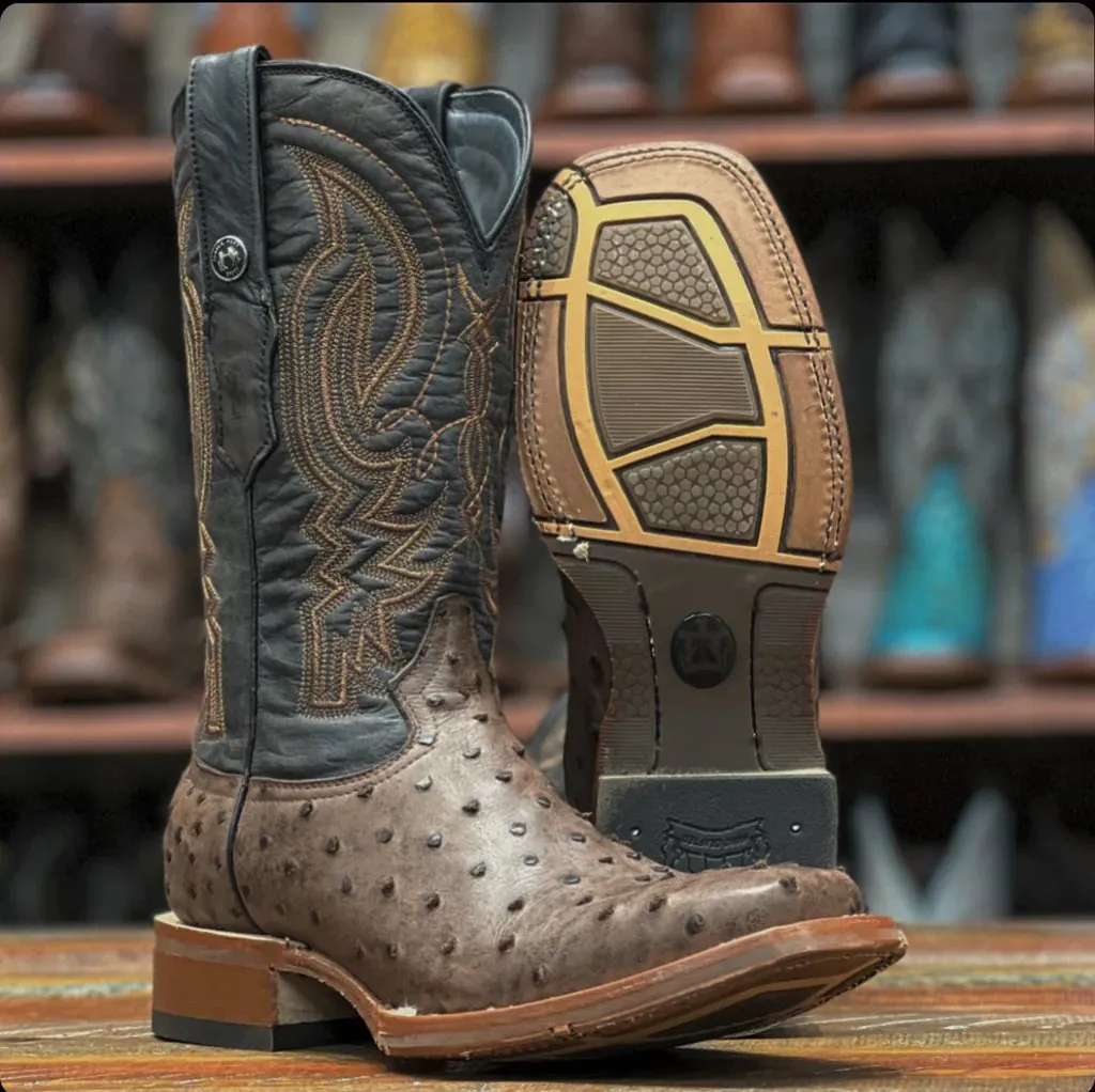 Tanner Mark Men's Print Ostrich Square Toe Boots Brown