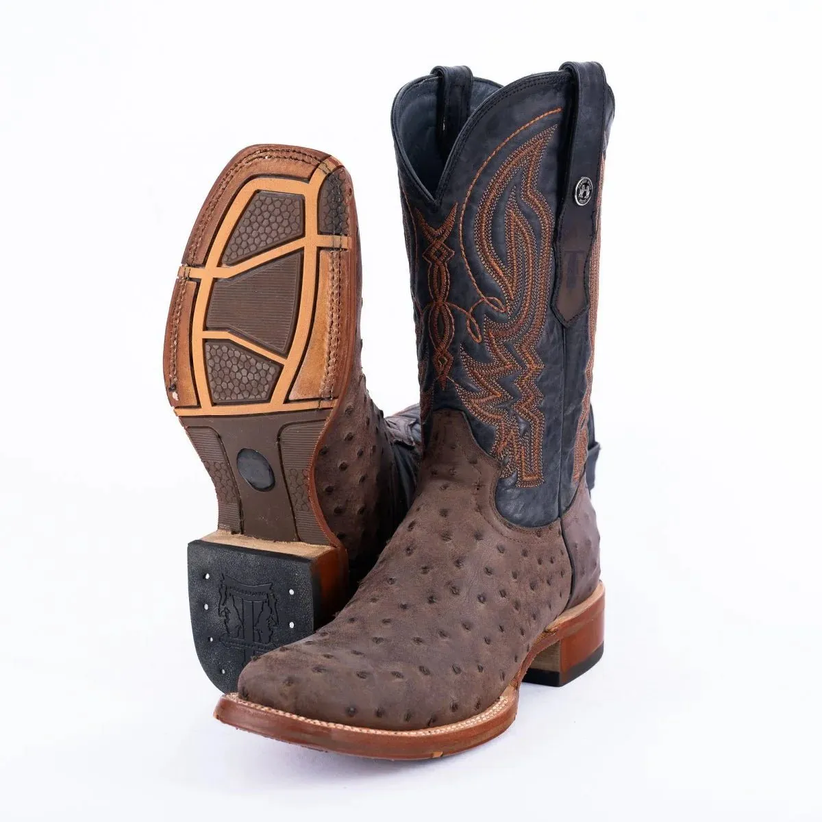Tanner Mark Men's Print Ostrich Square Toe Boots Brown